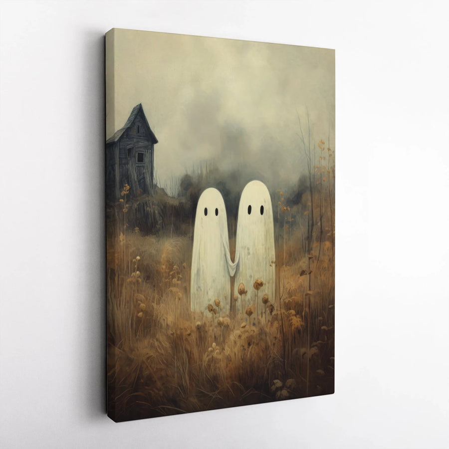 Ghost Holding Hands Wall Art | Spooky Haunted House Landscape | Premium Gallery Canvas | Whimsical Halloween Home Decor Gift