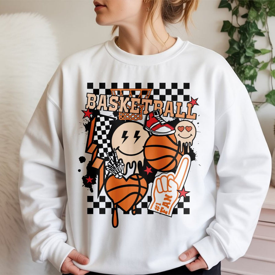 Basketball Sweatshirt | Retro Checkerboard Hoop Graphic | Premium Cotton Blend | Gift For Basketball Mom and Fan