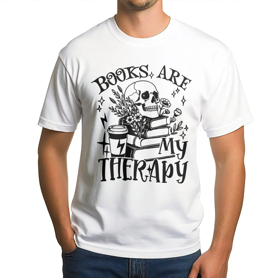 Books Are My Therapy T-Shirt | Dark Academia Skull Aesthetic Tee | Premium Cotton Bookworm Shirt | Gift For Readers And Librarians