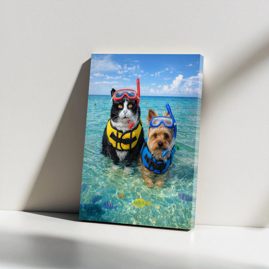 Funny Cat and Dog Canvas Art | Snorkeling Pets Tropical Beach Scene | Premium Matte Canvas Print | Humorous Wall Decor Gift for Pet Owner