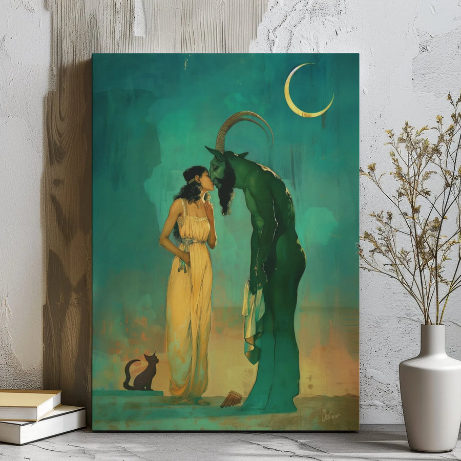 Mythological Fantasy Canvas Wall Art | Siren Kissing Faun God Surrealism | Gallery Wrap Premium Print | Gothic Home Decor Gift for Mythology Fans