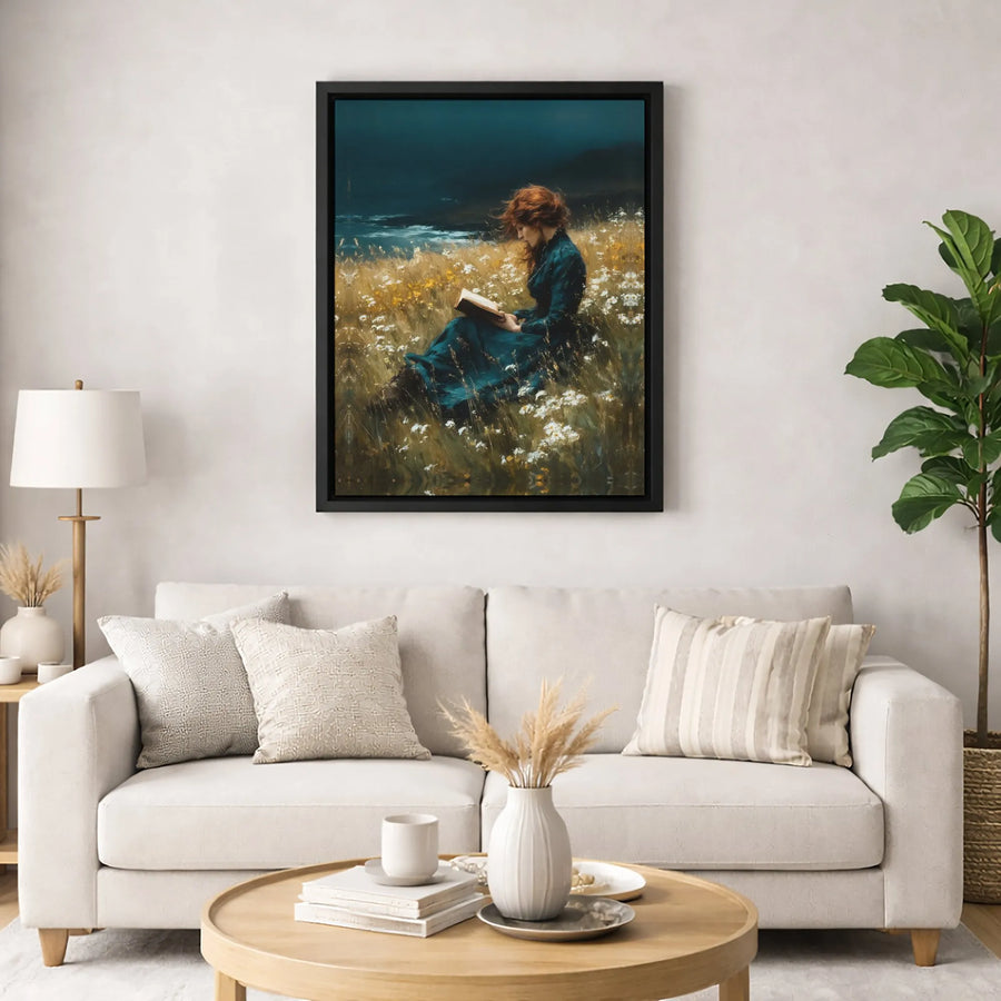 Woman Reading Book Canvas Wall Art | Moody Wildflower Field Aesthetic | Premium Fade-Resistant Print | Romantic Literary Home Decor Gift