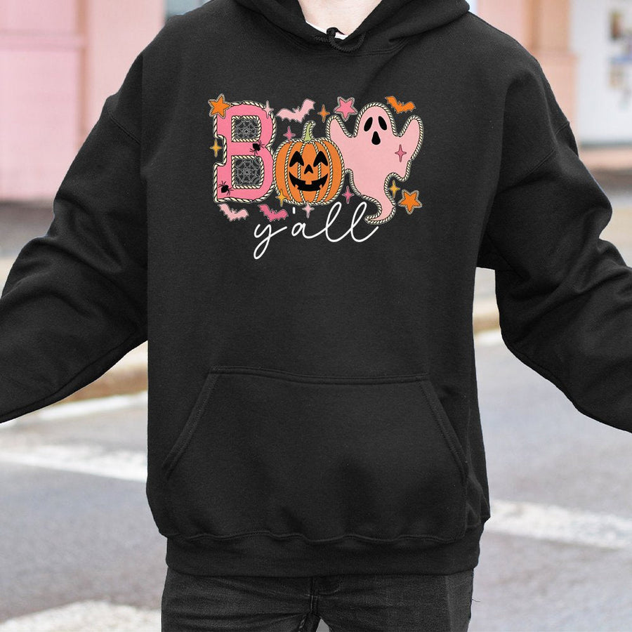Boo Y'all Halloween Hoodie | Cute Pumpkin Ghost Graphic | Premium Cotton Blend | Spooky Fall Sweatshirt Gift for Women