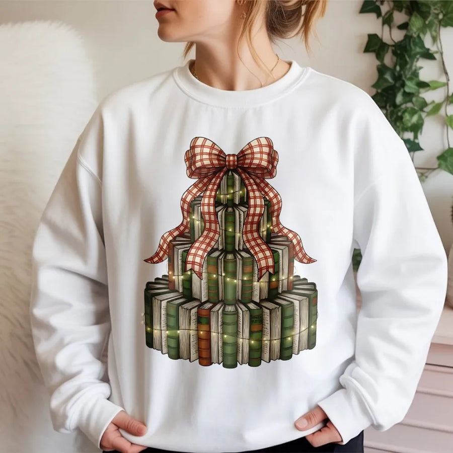 Christmas Book Tree Sweatshirt | Retro Librarian Holiday Graphic | Premium Cotton Blend | Gift For Book Lovers Readers Teacher