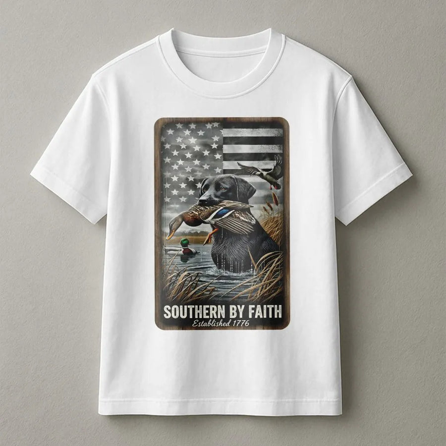 Black Lab Hunting T-Shirt | Patriotic American Flag & Duck Design | Premium Soft Cotton | Gift For Duck Hunter & Outdoorsman
