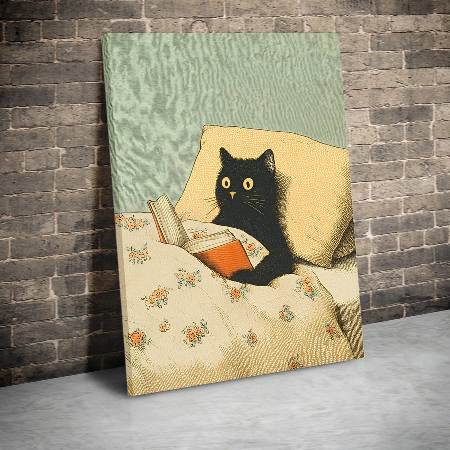 Black Cat Reading Canvas Art | Vintage Illustration Print | Premium Gallery Wrapped Canvas | Gift for Book Lover and Cat Mom