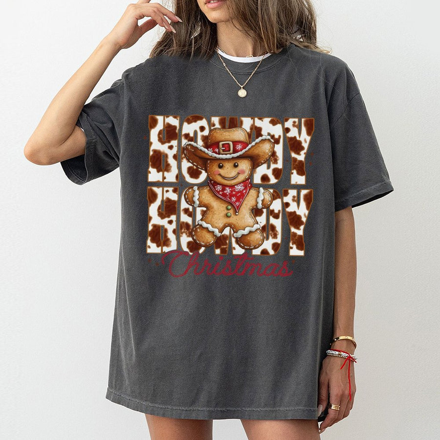 Howdy Christmas T-Shirt | Cow Print Gingerbread Man Graphic | 100% Cotton Premium Tee | Retro Western Holiday Gift For Women And Men