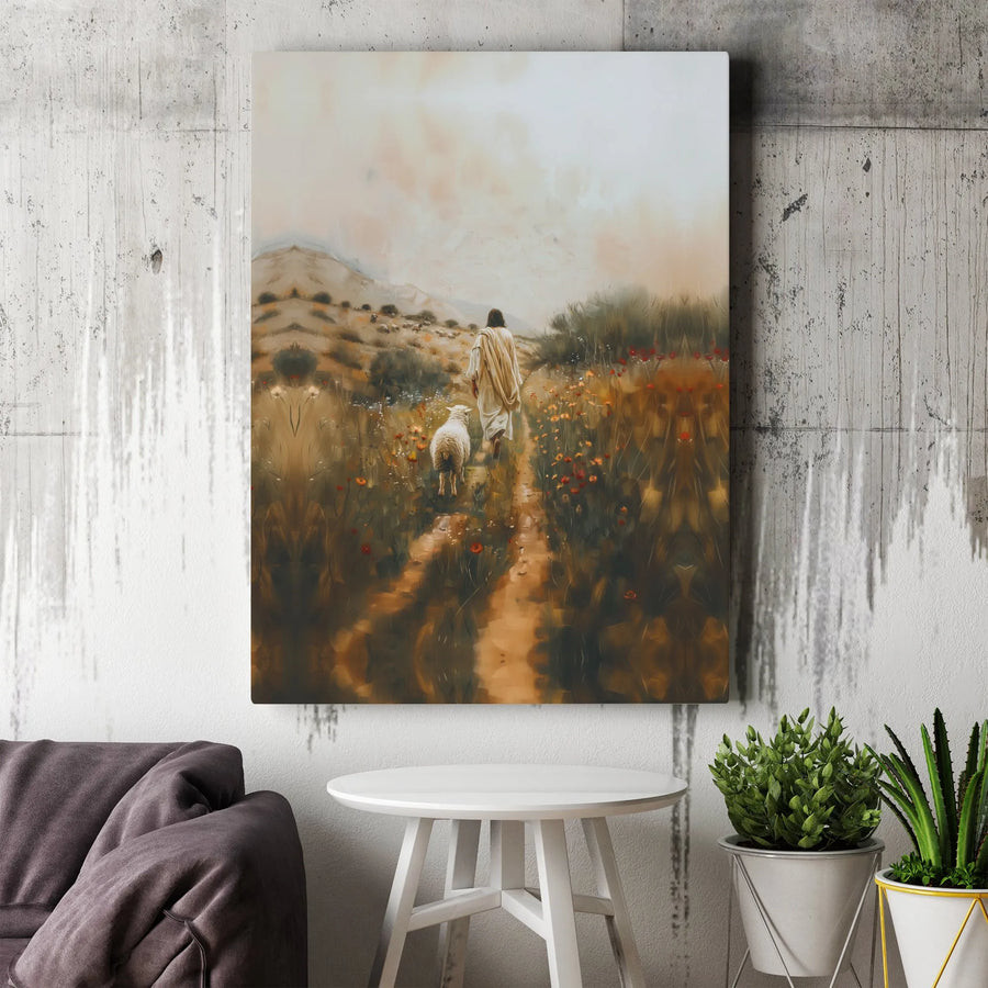 Jesus Walking With Lamb Canvas Art | Religious Wildflower Field Wall Decor | 1.25 Inch Premium Gallery Wrap | Christian Home Gift for Faith