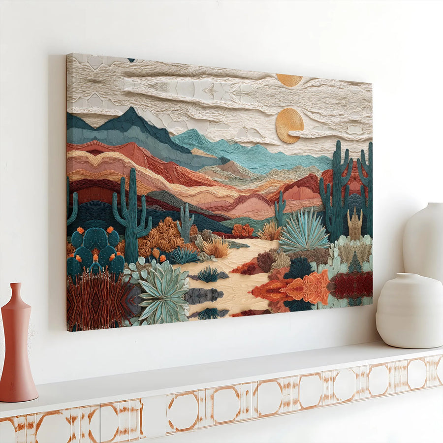 Desert Landscape Wall Art | Textured Cacti Mountain Canvas Print | Premium Gallery Wrap Decor | Southwestern Modern Living Room Gift