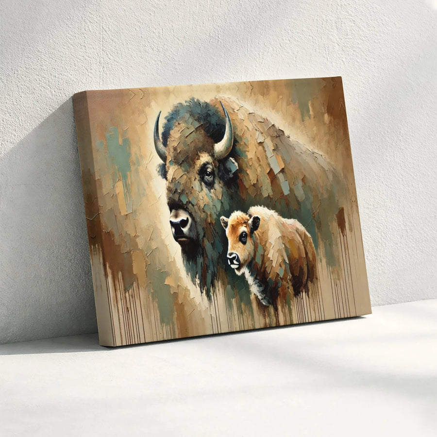 Bison and Calf Wall Art | Impressionist Animal Canvas Print | Premium Gallery Wrapped Canvas | Wildlife Home Decor Gift for Nature Lovers
