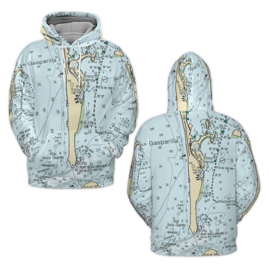 Gasparilla Island Nautical Map Hoodie | Boca Grande Chart Print | Premium Soft Fleece | Gift for Boaters and Fishing Enthusiasts