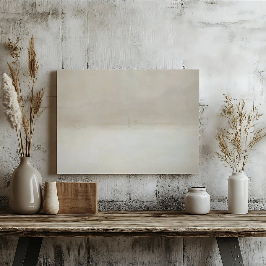 Minimalist Hazy Landscape Canvas Wall Art | Serene Solitary Figure Print | Premium Gallery-Wrapped Decor | Neutral Modern Home Aesthetic