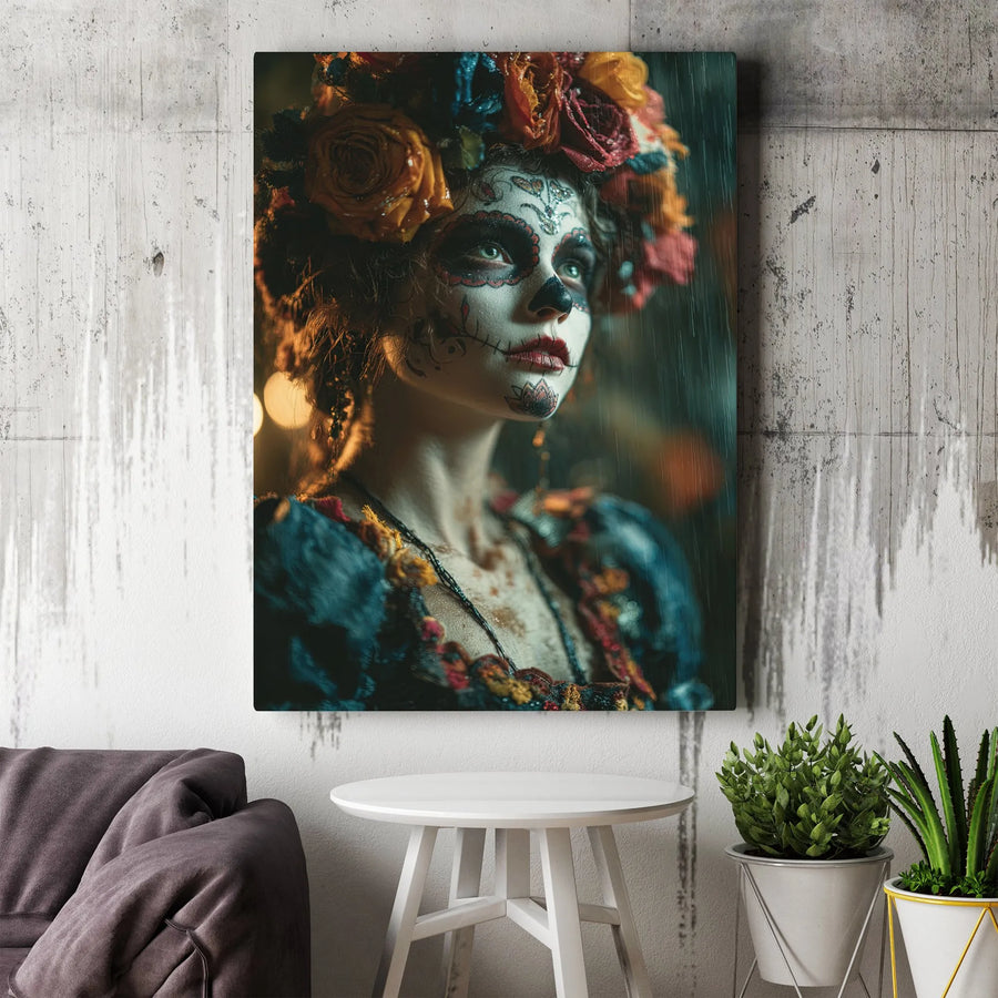 Day of the Dead Canvas Print | Sugar Skull Woman Floral Headdress Wall Art | Premium 1.25" Thick Gallery Wrap | Gothic Home Decor Gift