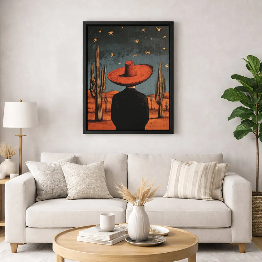 Desert Man With Red Sombrero Canvas Wall Art | Surreal Western Starry Night Landscape | Premium Gallery-Wrapped Print | Unique Boho Home Decor Gift