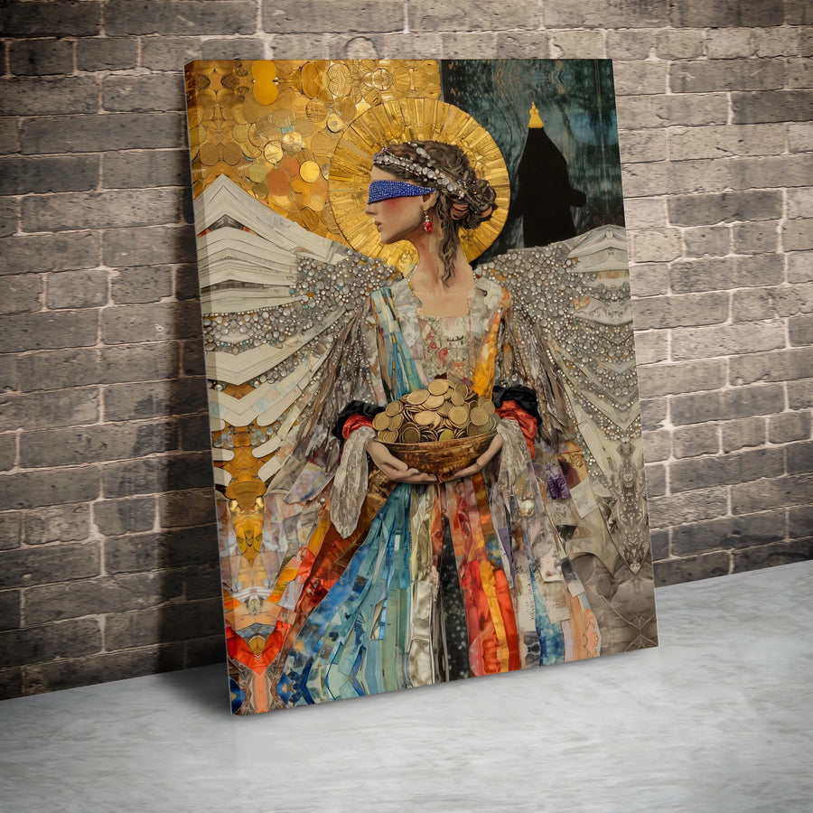 Blindfolded Angel Wall Art | Money Collage Surrealist Decor | 1.25-Inch Gallery-Wrapped Canvas | Unique Office & Home Decor Gift