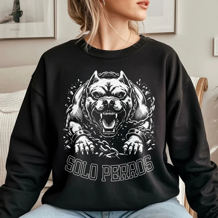 Pitbull Sweatshirt | Solo Perros Graphic Streetwear | Premium Cotton Blend Crewneck | Edgy Urban Chicano Style Gift For Dog Lovers