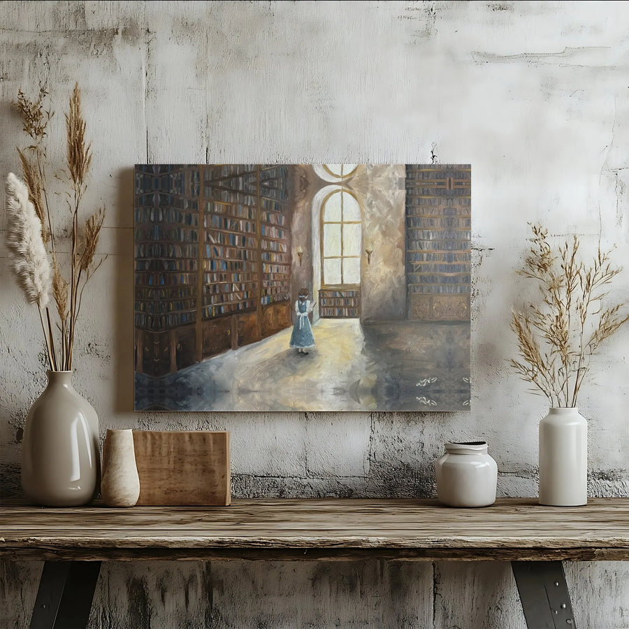 Library Canvas Wall Art | Girl Reading in Sunlit Library Oil Painting | Premium Gallery Wrap Print | Aesthetic Book Lover Home Decor Gift