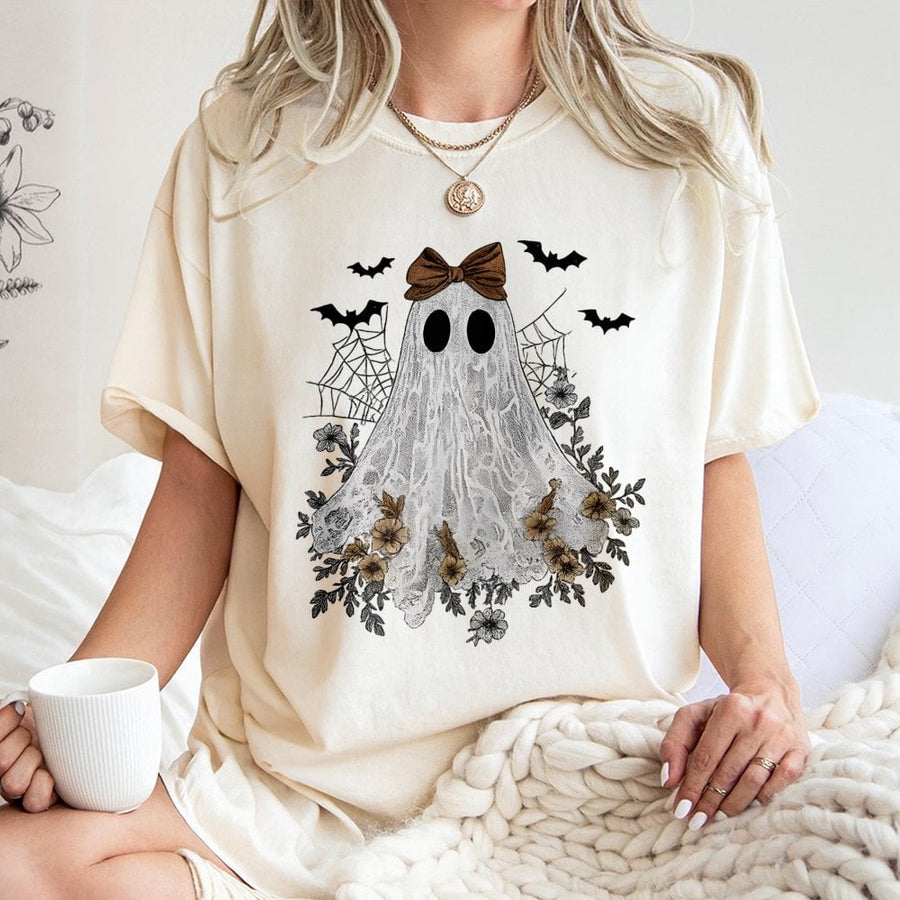Cute Ghost T-Shirt | Coquette Aesthetic Floral Halloween Graphic | Premium Cotton Unisex Tee | Spooky Seasonal Gift for Women