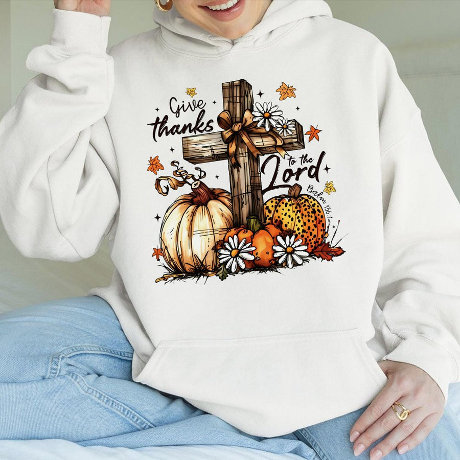 Give Thanks To The Lord Hoodie | Religious Autumn Fall Pumpkin Graphic | Premium Cotton Blend | Christian Faith Thanksgiving Gift