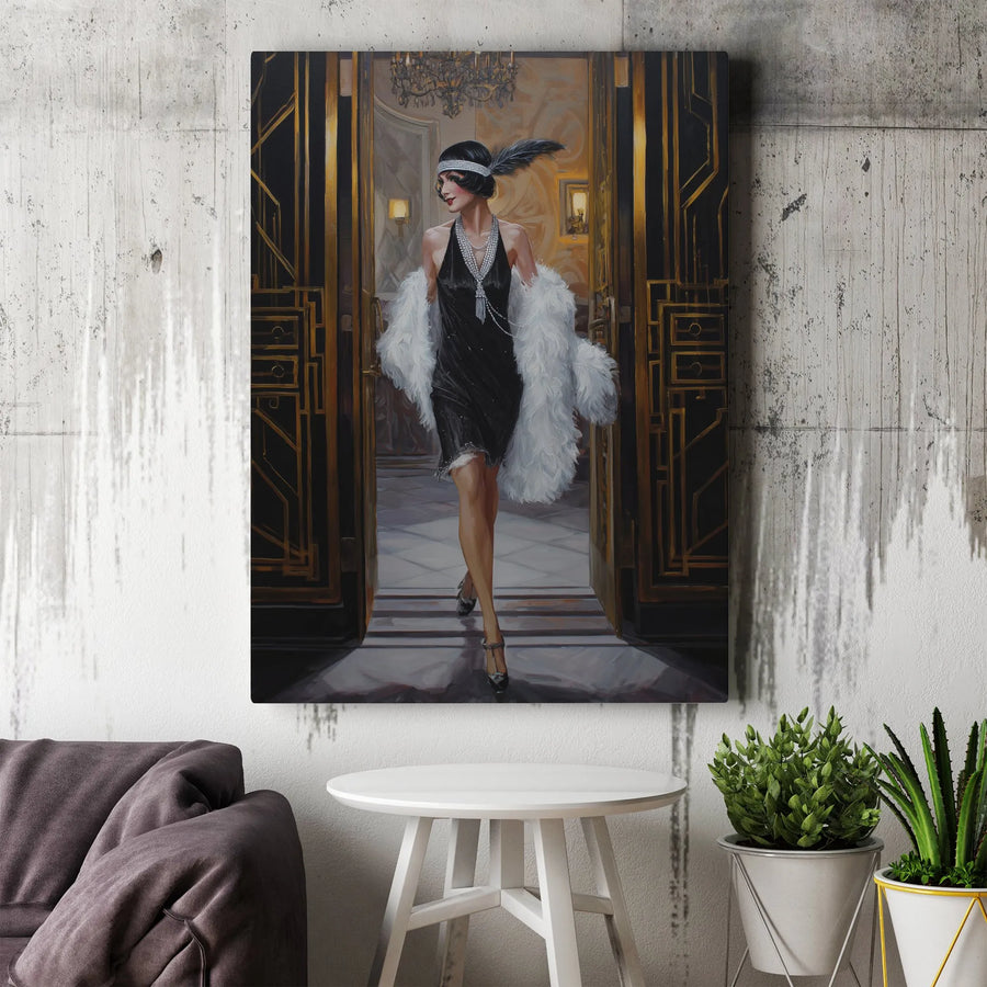 Art Deco Flapper Canvas Wall Art | Vintage 1920s Glamour Portrait | Premium Fade-Resistant Print | Great Gatsby Style Home Decor Gift