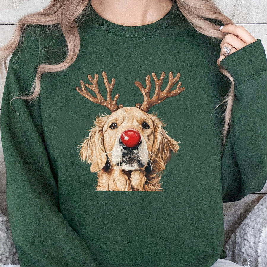 Golden Retriever Christmas Sweatshirt | Cute Reindeer Dog With Red Nose | Premium Cotton Blend Crewneck | Unisex Holiday Gift for Dog Lovers