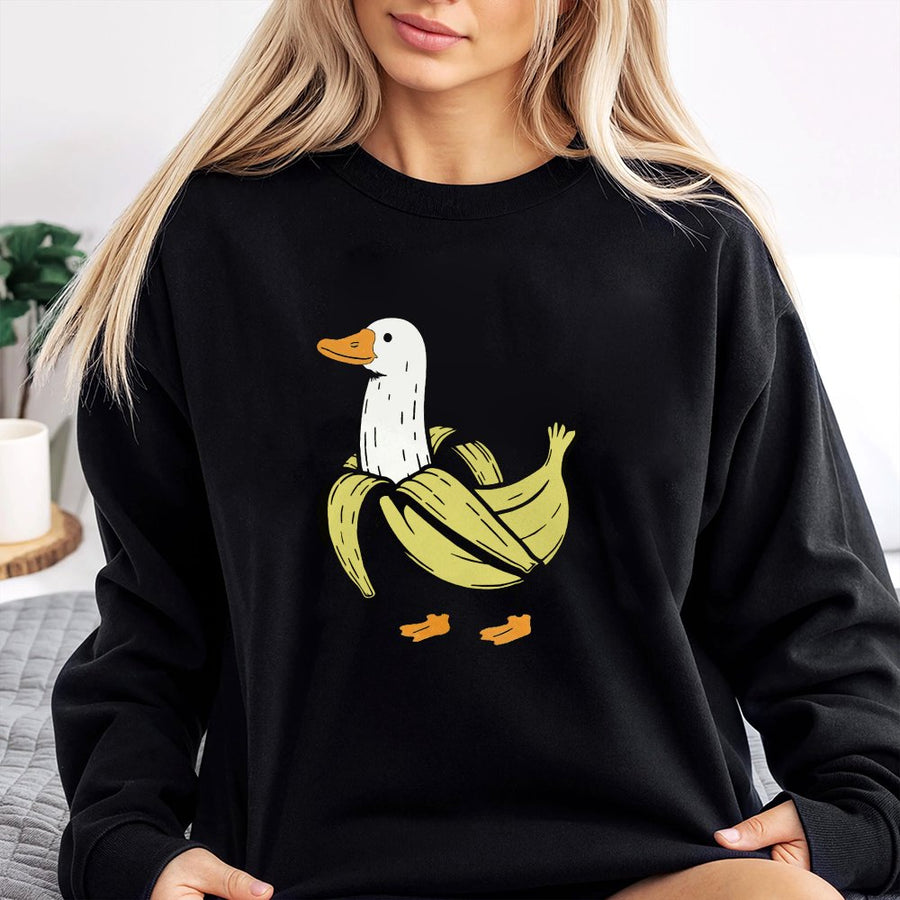 Banana Duck Sweatshirt | Cute Animal Graphic Print | Premium Cotton Blend | Funny Fruit Bird Gift for Him and Her