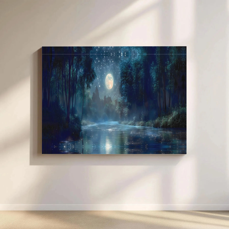 Enchanted Forest Canvas Print | Night River Under Full Moon Wall Art | Premium Gallery Wrap Decor | Ready to Hang Landscape Wall Decor