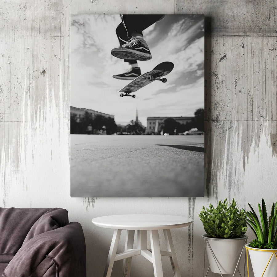 Skateboarder Wall Art | Mid-Air Skateboarding Trick Photography | Premium Gallery Wrap Canvas | Modern Home & Office Decor Gift