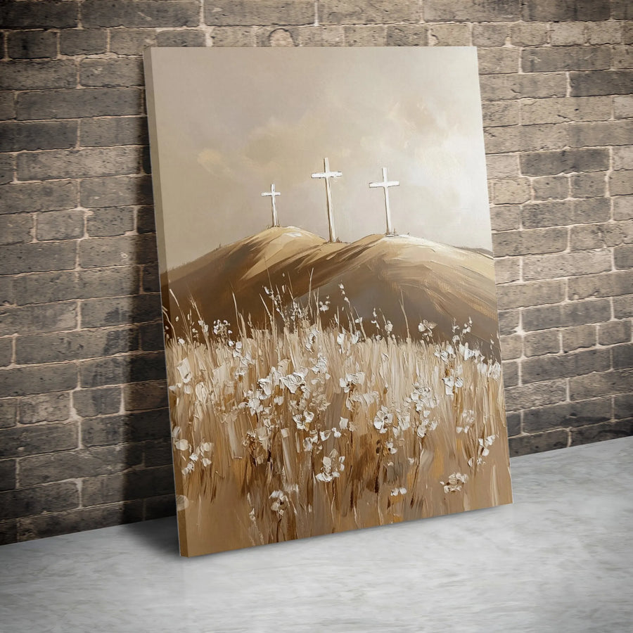 Three Crosses Canvas Wall Art | Textured Calvary Hill Painting Print | Premium Christian Home Decor | Inspirational Faith Gift