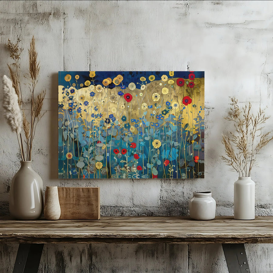 Abstract Gold And Blue Floral Canvas Wall Art | Wildflower Meadow With Red Poppies | Premium Gallery Wrap Print | Modern Home & Office Decor Gift