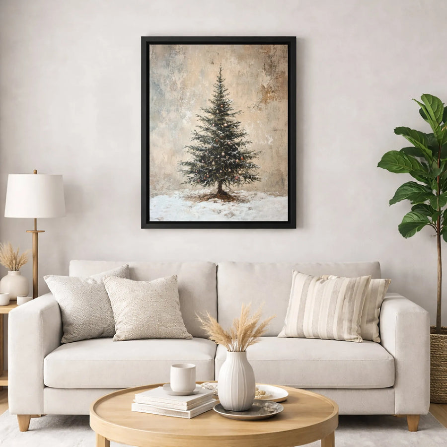 Vintage Christmas Tree Canvas Art | Snowy Holiday Landscape Wall Decor | Premium 1.25-Inch Gallery Wrap | Festive Seasonal Home Gift