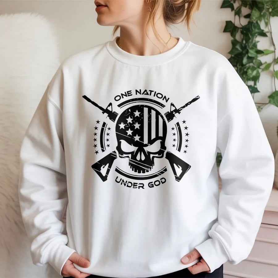 One Nation Under God Sweatshirt | Patriotic Skull American Flag Graphic | Premium Cotton Blend | Gift For Veterans & Patriots