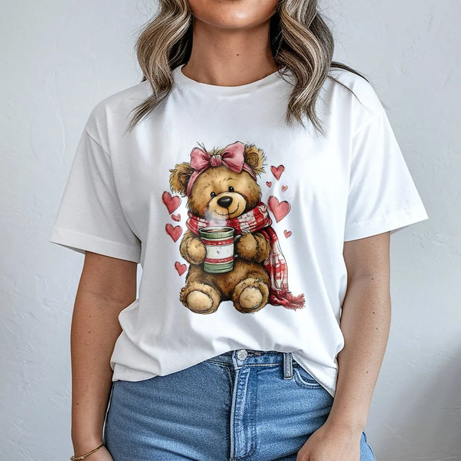 Coquette Teddy Bear T-Shirt | Valentine Heart Aesthetic Graphic | Premium Soft Cotton Tee | Cute Romantic Gift for Her & Teen Girls