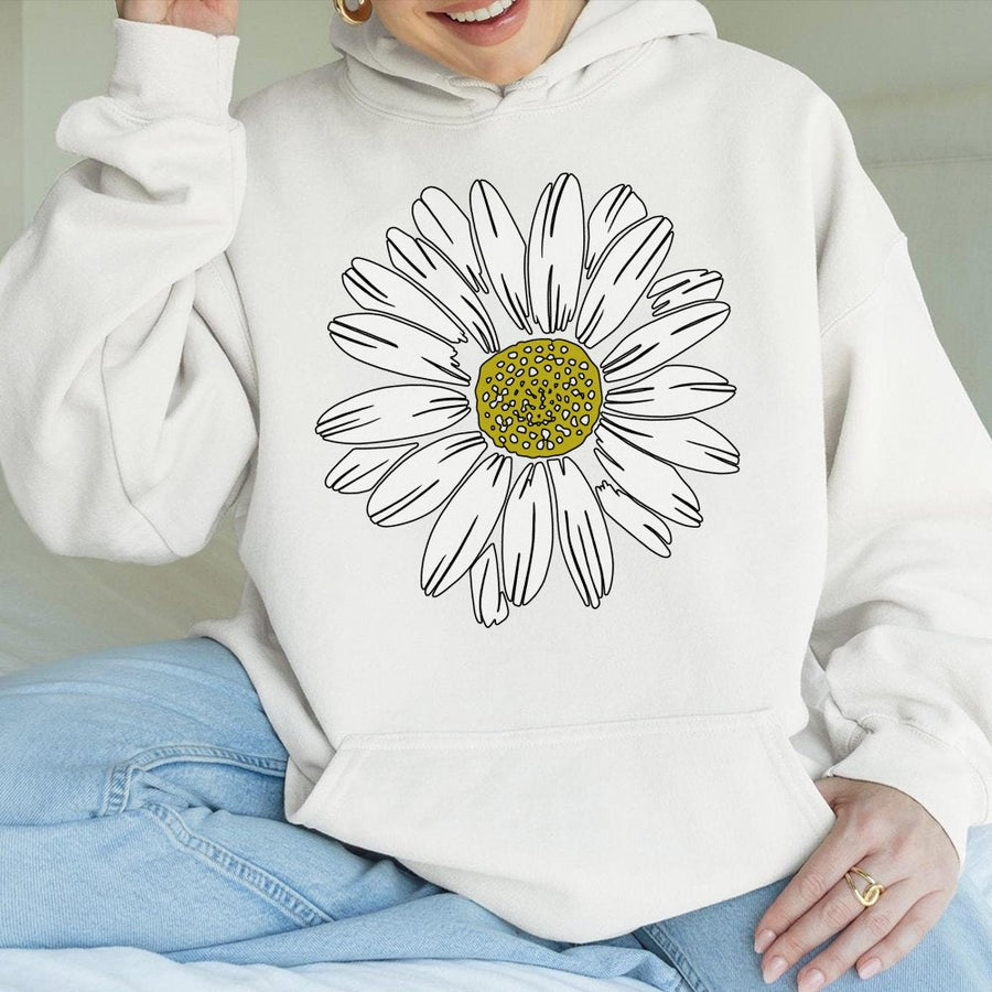 Daisy Flower Hoodie | Minimalist Botanical Graphic Sweatshirt | Premium Cotton-Poly Blend | Aesthetic Floral Nature Lover Gift For Women