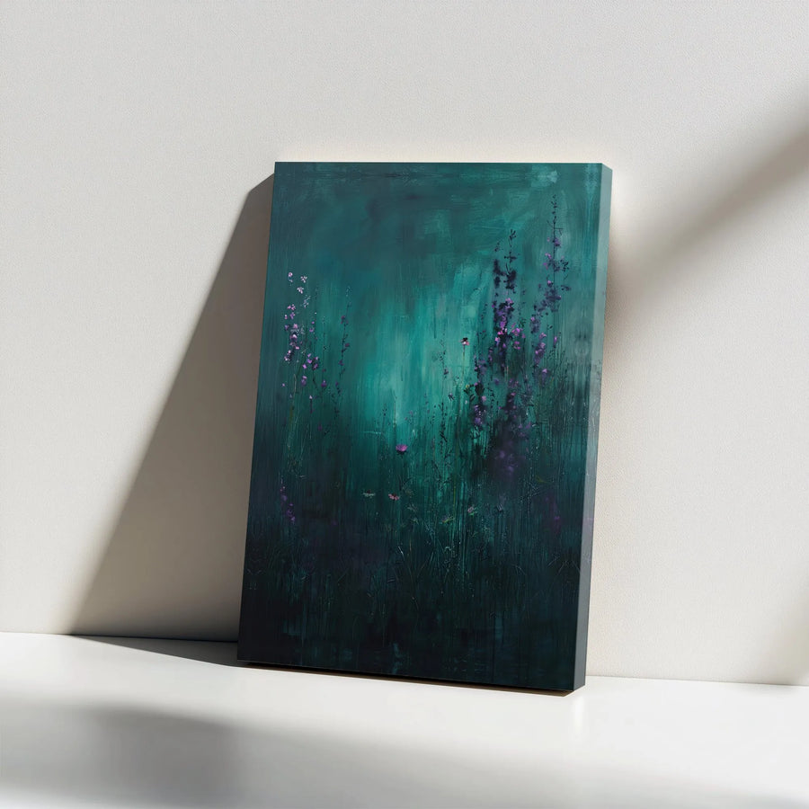 Moody Floral Canvas Wall Art | Abstract Teal & Purple Wildflower Meadow | Premium Gallery Wrapped Canvas | Modern Living Room & Bedroom Wall Decor