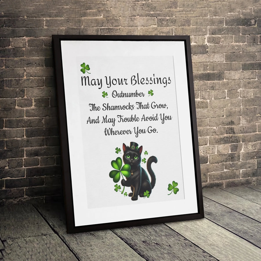 St. Patrick's Day Wall Art | Lucky Black Cat Shamrock Blessing | Premium Canvas Print | Home Decor Gift for Cat Lovers