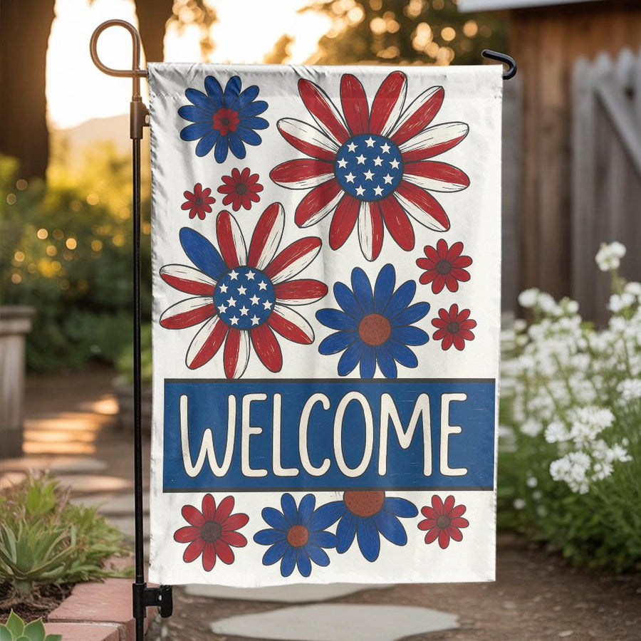 Patriotic Welcome Garden Flag | Red White Blue Daisy Flower Print | Durable Weather-Resistant Polyester | 4th of July Summer Outdoor Yard Decor
