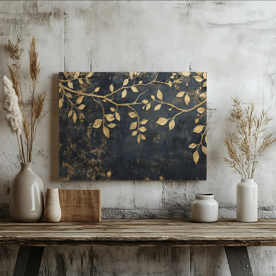 Gold Leaf Branch Canvas Wall Art | Textured Black and Gold Abstract Print | 1.25" Gallery Wrap | Premium Modern Home Decor