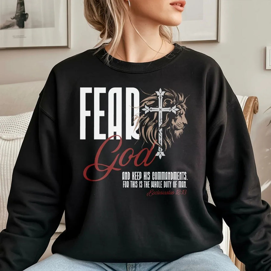 Fear God Christian Sweatshirt | Lion of Judah Cross Graphic | Premium Soft Cotton Blend | Faith Based Gift for Men
