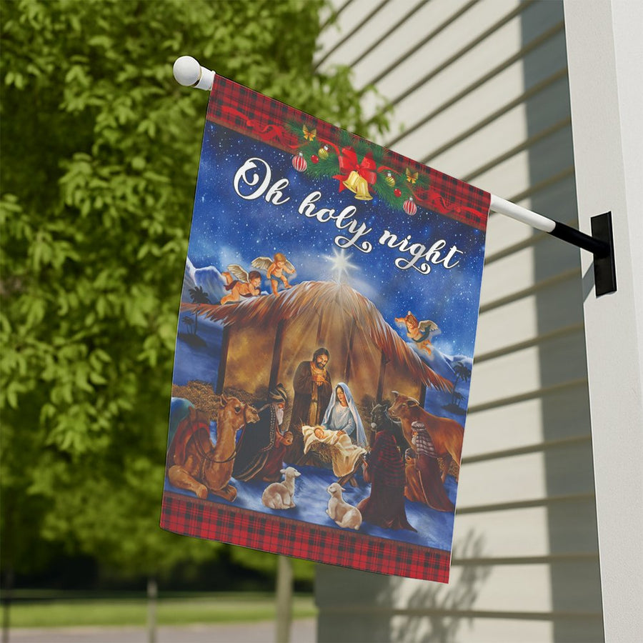 Oh Holy Night Nativity Scene Garden Flag | Buffalo Plaid Christmas Garden Decor | Premium Weather-Resistant Polyester | Religious Holiday Gift
