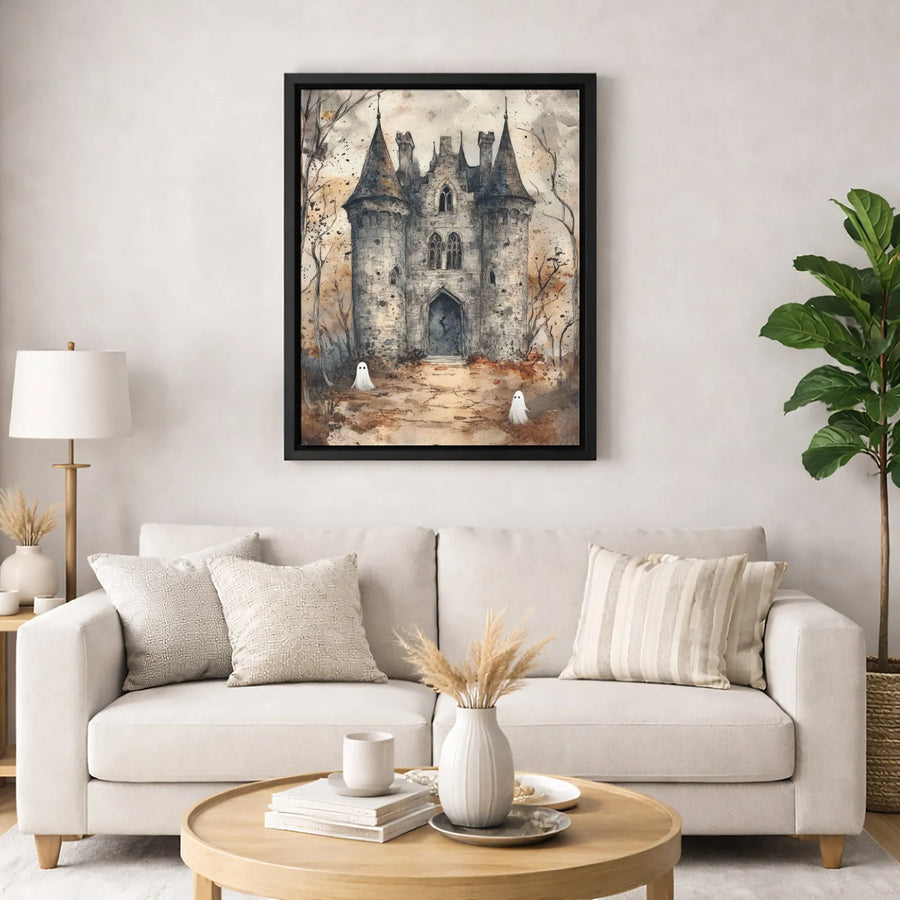 Haunted Castle Wall Art | Spooky Watercolor Ghost Painting | Gallery Quality Canvas Print | Gothic Home Decor Gift for Halloween Enthusiasts