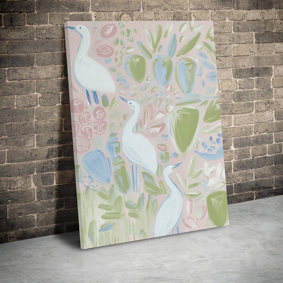 Egret Wall Art Canvas | Abstract Pastel Heron Bird Print | Modern Gallery Wrap Decor | Premium Botanical Home Decor for Living Room