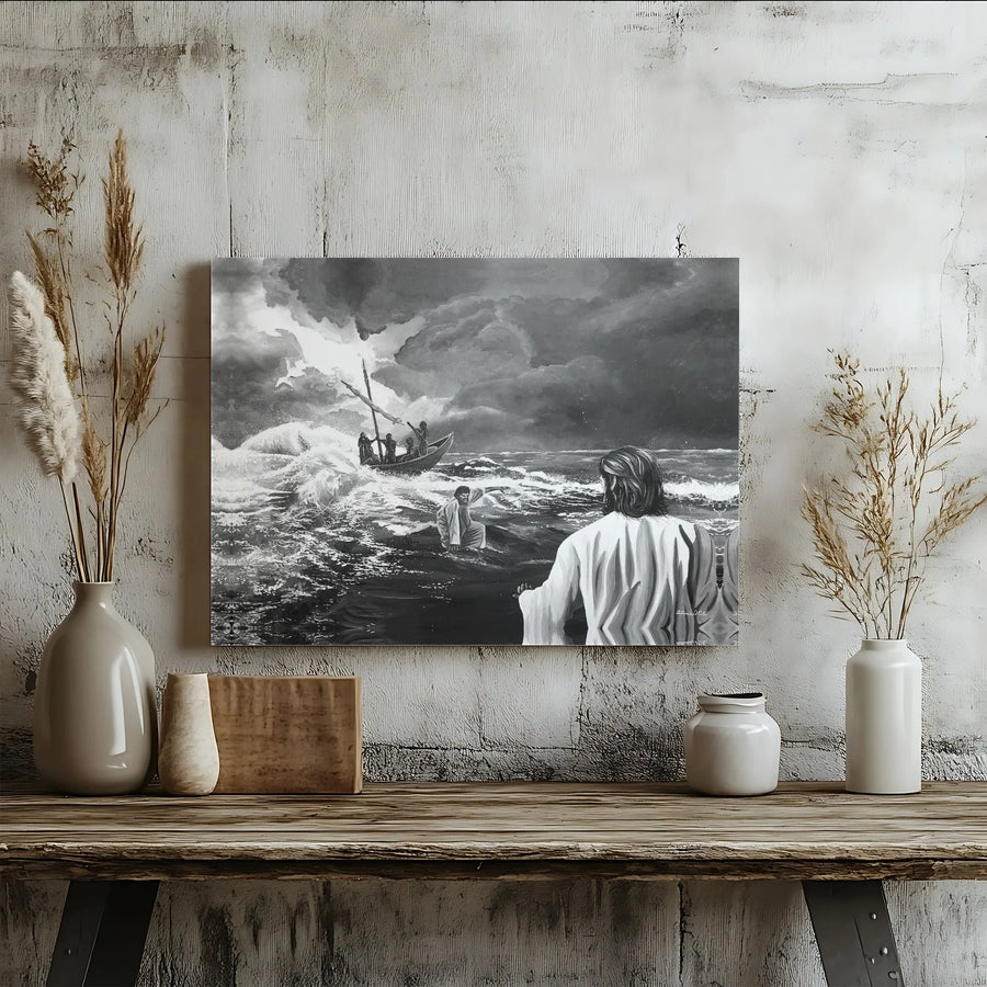 Jesus Walking On Water Canvas | Biblical Storm At Sea Wall Art | Premium Gallery Wrapped Print | Christian Religious Home Decor Gift