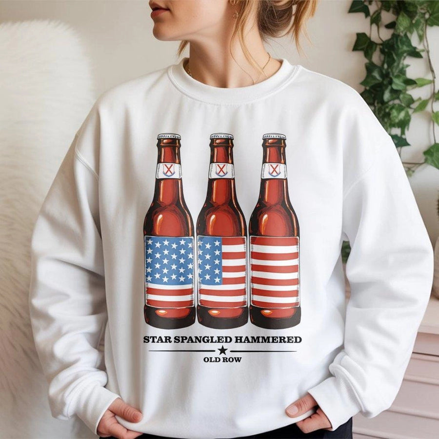 Star Spangled Hammered Sweatshirt | Beer Bottle US Flag Graphic | Premium Cotton Blend | Funny Patriotic Party Gift for Him and Her