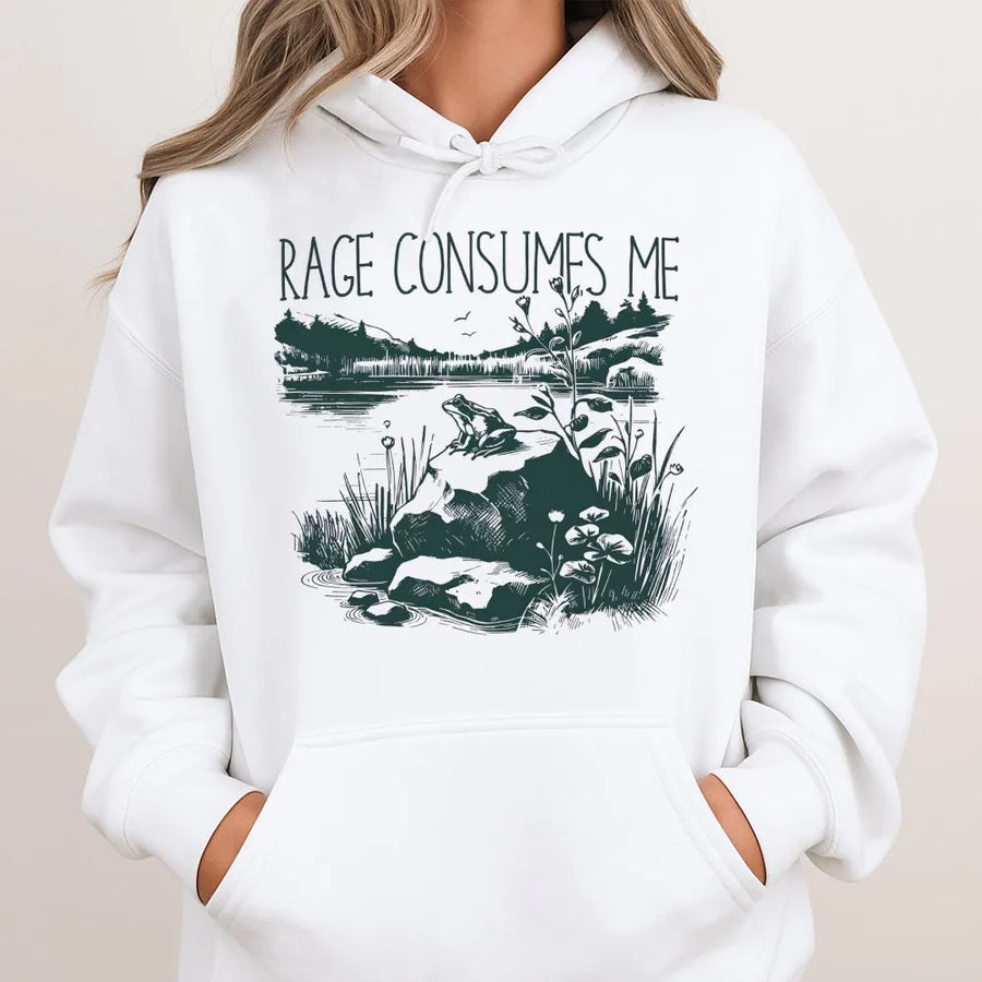 Rage Consumes Me Frog Hoodie | Funny Retro Nature Meme Graphic | Premium Unisex Pullover | Sarcastic Gift for Gen Z Men Women