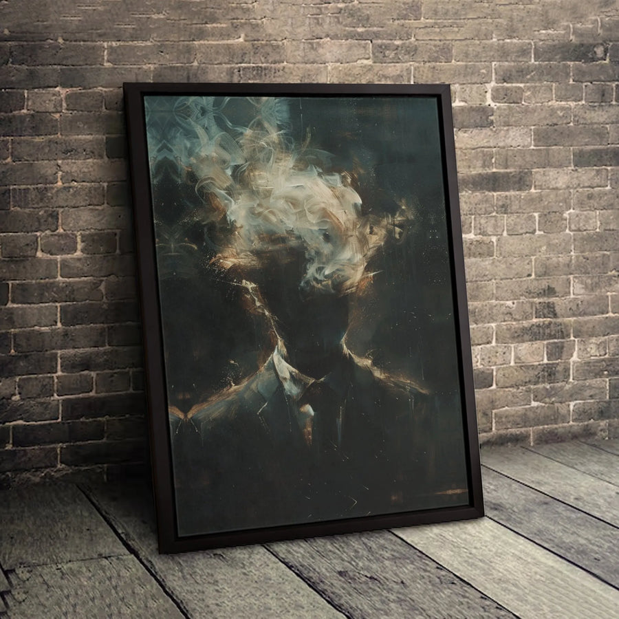 Surreal Man in Suit Canvas Art | Abstract Smoke Head Portrait | Gallery Wrapped 1.25" Profile | Modern Office & Home Wall Decor