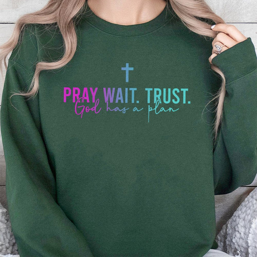 Pray Wait Trust Sweatshirt | Religious God Has A Plan Graphic Design | Soft Cotton-Blend Comfort | Christian Faith Gift For Men And Women