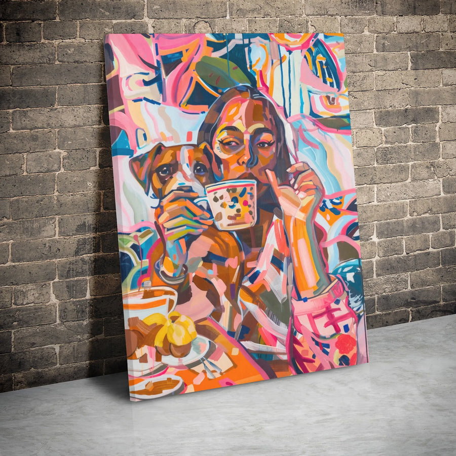 Abstract Woman And Dog Canvas Art | Colorful Coffee Shop Expressionist Painting | Gallery-Wrapped Premium Decor | Gift For Dog Lovers