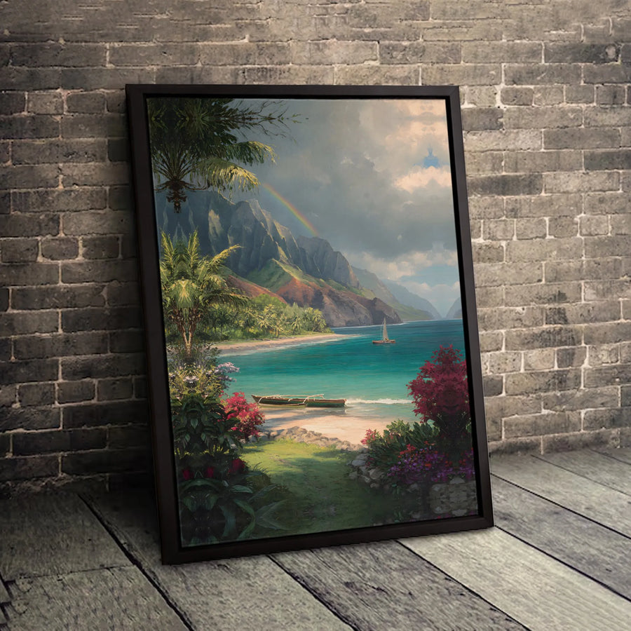 Tropical Beach Canvas Wall Art | Na Pali Coast Seascape with Rainbow | Premium Gallery Wrap Print | Coastal Home Decor for Living Room