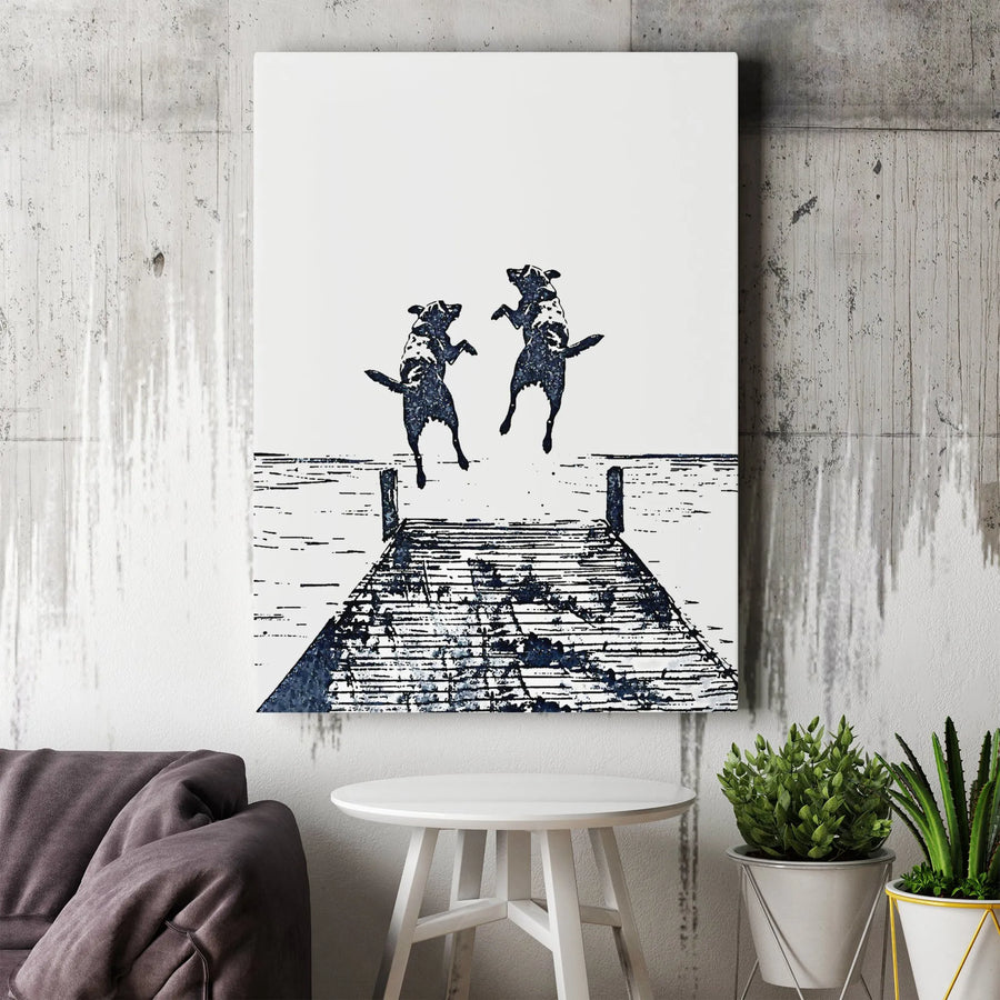 Dog Dock Diving Canvas Wall Art | Minimalist Linocut Print | Premium Gallery Wrap Canvas | Gift for Dog Lovers & Pet Owners